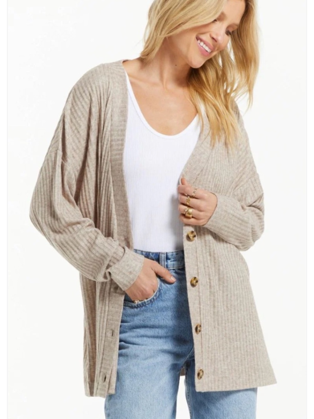 Z Supply Midori Oversized Cozy Rib Cardigan in Heather Latte Size XL NWT